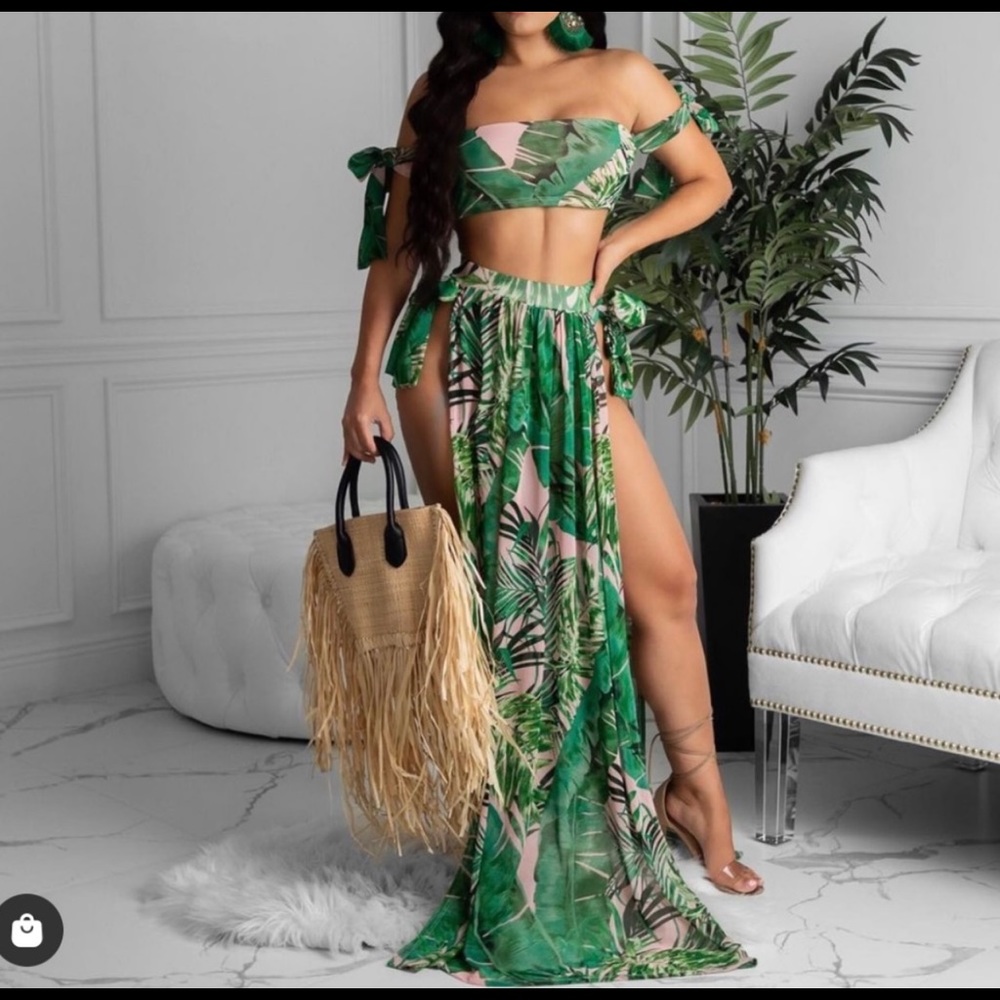 Floral Tropical Print Multicolor Three Piece Cover-up and Swimsuit Set